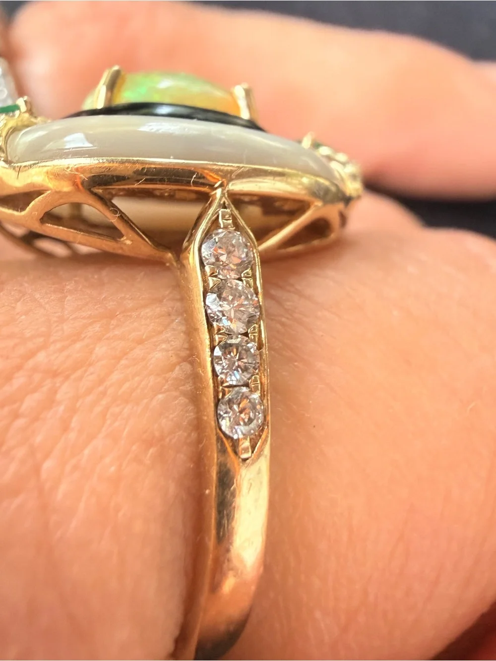 ✨Vintage Asch Grossbardt 14K Gold Opal, Mother-of-Pearl, Onyx & Emerald Ring Sz8